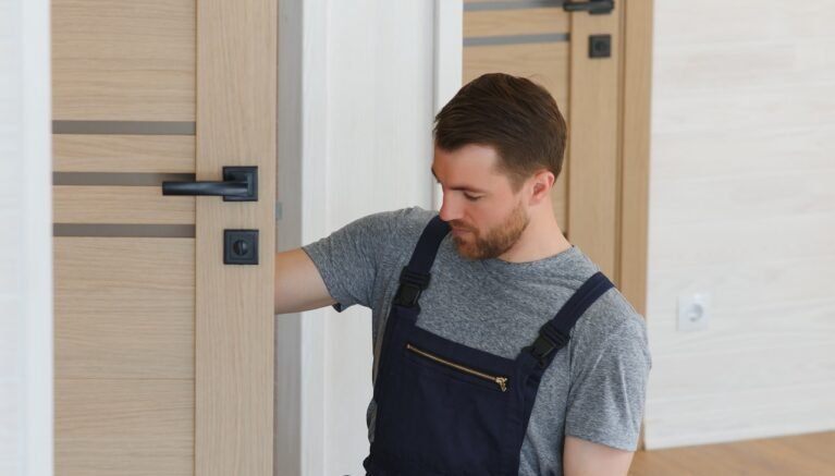 Installation of a lock on the front wooden entrance door. Portrait of young locksmith workman in blue uniform installing door knob. Professional repair service. Maintenance Concept. SSUCv3H4sIAAAAAAAACoRSTY/bIBC9V+p/iDivVdsYB++xPa20Un9A1cMYcIKCIeJjq2qV/17AJiJVV70xb2bezLzH++dPhwOawUmGng/vKYqxVCo4b8FLoyPcPu24FZoLWyNvFo9tDYCsI8GlN1aCqsEZPDtrWEUEdVAqwbecRM6DD064ahduBazOy1yOq1oGXpwi+UN1ueTHFh9KIidjR0yhr0EqLvXJfXkFzVewF4eeqjIX5lT2PXhujEUls439gPNF86RYuvQfVN+MjsnAsp53vu3x867cSWj2O91yq660QgnYFNlvQuw4gCA9a4aBLM3QwdRMU780ZOJLOyw9ocsxT9mo0eWXF3bNKu2kELg0lWpvhoFyf+l7tZJFlao248/Z/dLGTNDeppVRuRopY64wq2TWEjlFwc/gXCznBa+NjMqZtZqjjc8H76yIR6dT2GGMO9xTQscOU4LxuBds3+YsI09epywYrsoAF2no3bPHD9WNdKRDG/m2fDE5ObdK7//bSwbajXvvw0c27CL5hx8Z9bTr25aSKTu1d8k0DXFK+mU84macSNsMwKdmFrRt5lmwmfOOQs9i1+0PAAAA//8DAFZSEoi8AwAA