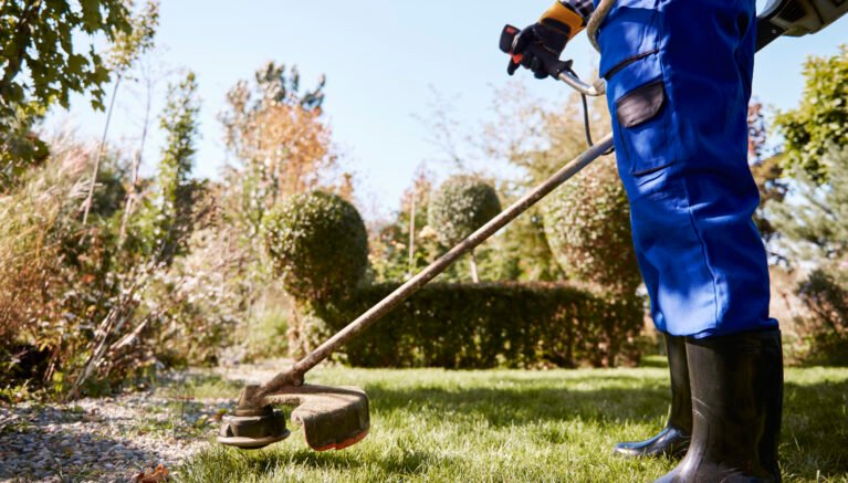 Gardener with weedwacker cutting the grass in the garden